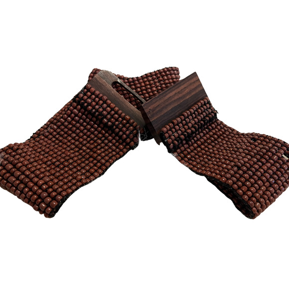 Vintage 90s Y2K Brown Beaded Elastic Belt with Wooden Clasp - Picture 3 of 5